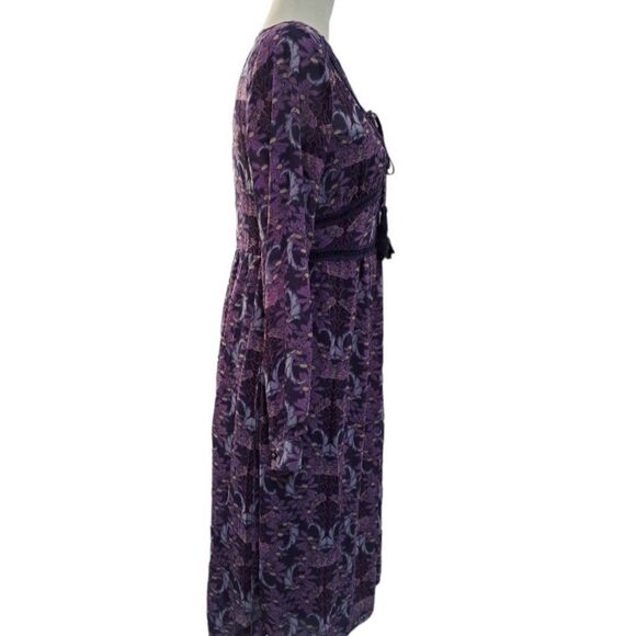 Xhilaration Women's Floral Long Sleeve Front Tie Tassel Boho Midi Dress Medium - Picture 4 of 8